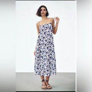Zara Limited Edition Floral Midi Dress XXL Strappy Slip Cotton Blue White